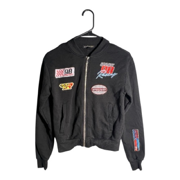 Social Scene Black Zip-Up Jacket Racing Patch Detail Size XS - Picture 2 of 4